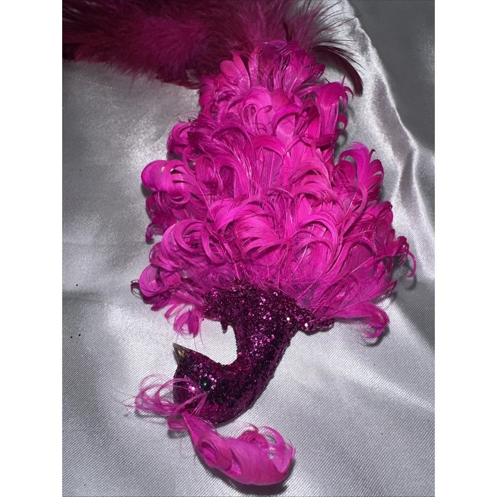 Pink Purple Glitter Peacock Feather Christmas Ornament Clip On Long Tail 16 Inch